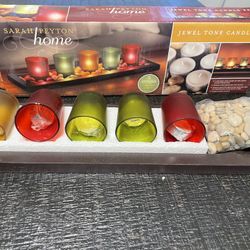 Jewel Tone Candle Votive Set 5 Glass Candle Holders + Tray + Rocks