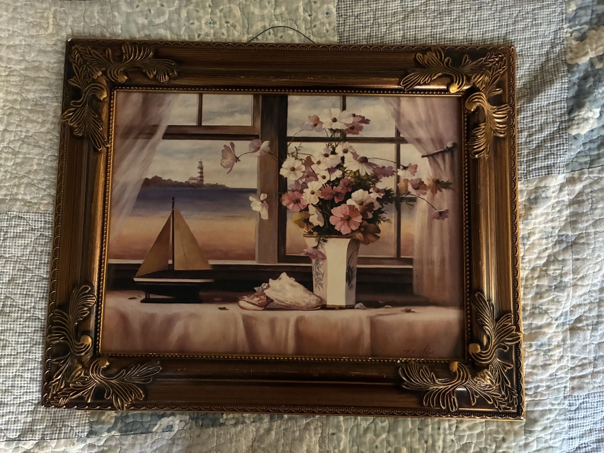 Framed Cottage Ocean Scene Wall Art