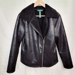NEW Ralph Lauren Black Leather Moto Coat Sherpa Fleece Lining Jacket PXS Petite