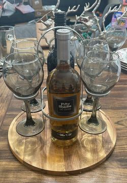Wooden Base, Metal Wine And Cup Holder Display