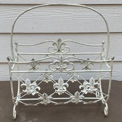 Distressed White Metal Magazine Rack Storage Basket