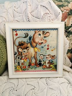 Vintage Child’s/nursery Picture Wall Hanging, Framed, Cow, Calf, Skunk, Bunny