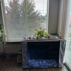 XL Dog Crate Setup W/ Bed, Cover & Custom Wood Top 