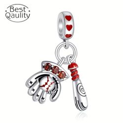 ⚾️ New! Sterling Silver Baseball Bat & Glove w Red Zircons & Gift Bag