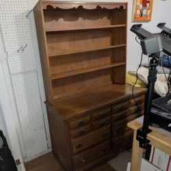 Vintage solid wood dresser with 6 drawers and 4 shelves