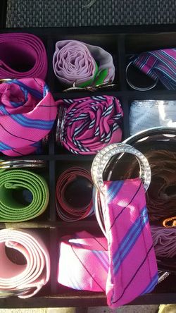 Ladies children belts ear rings hair bands with display case