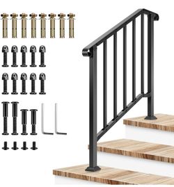 VIVOSUN Outdoor Handrail, 3 Step Stair Handrail, 40" x 36" Fits 1 to 3 Steps, Wrought Mattle Iron Stair Railing with Curved End and Balusters for Conc