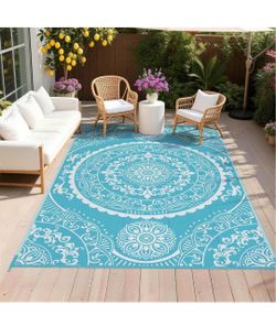 Brandnew Waterproof Outdoor Rug 6x9, Plastic Straw Patio Mat, Paisley Teal Reversible Camping Rug, UV Resistant Indoor Outdoor RV Mat Carpet For Deck,