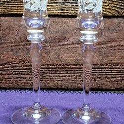 Pair Antique Lace Mikasa Candlestick Holders  Gold Trim with Floral Design 7.75”