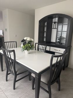 Black and White Dining Table Set with Hutch