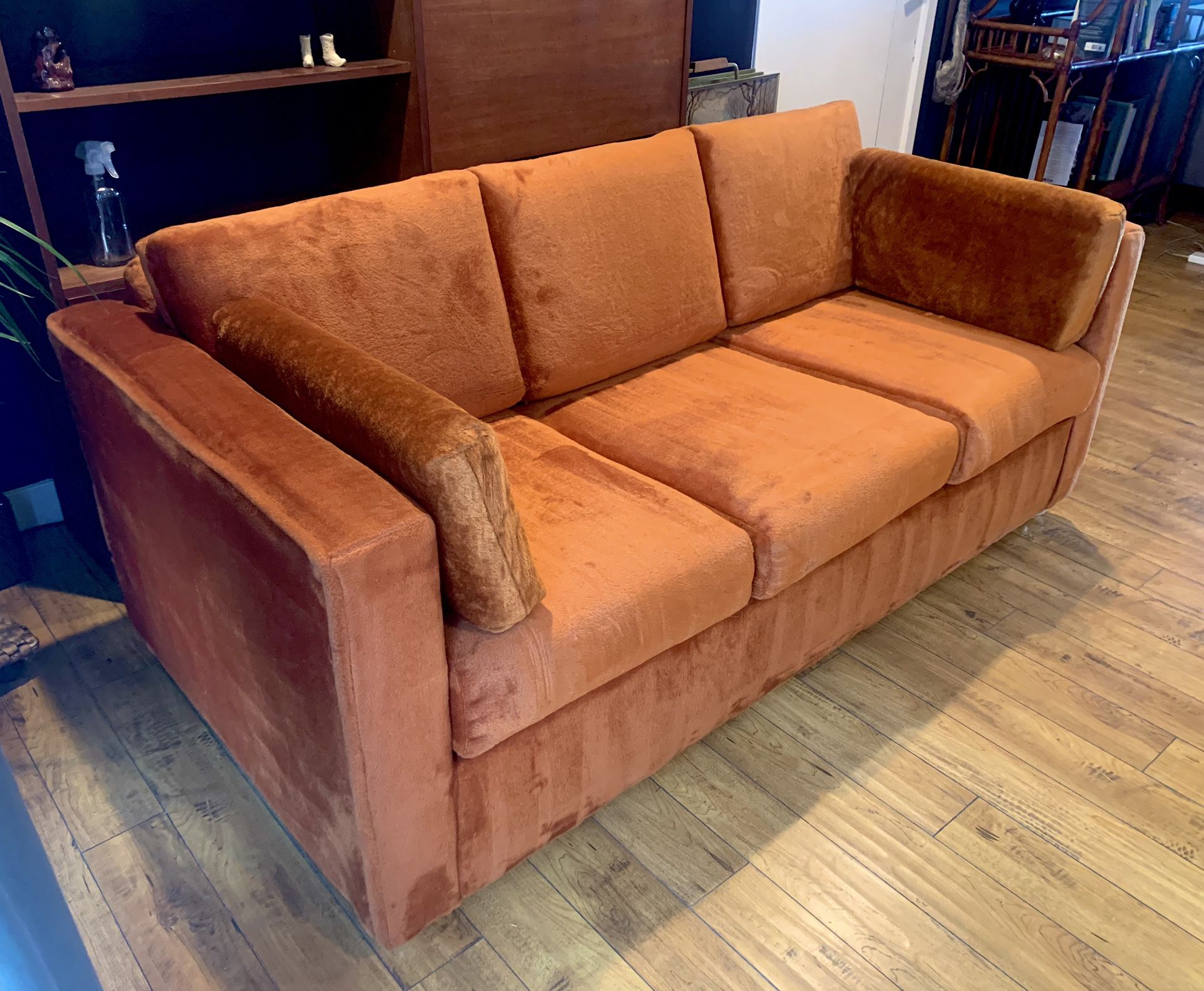 Super rad 70s vintage burnt orange velour sofa bed pull out couch