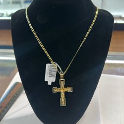 Gold Curb Chain With Gold Cross Pendant 