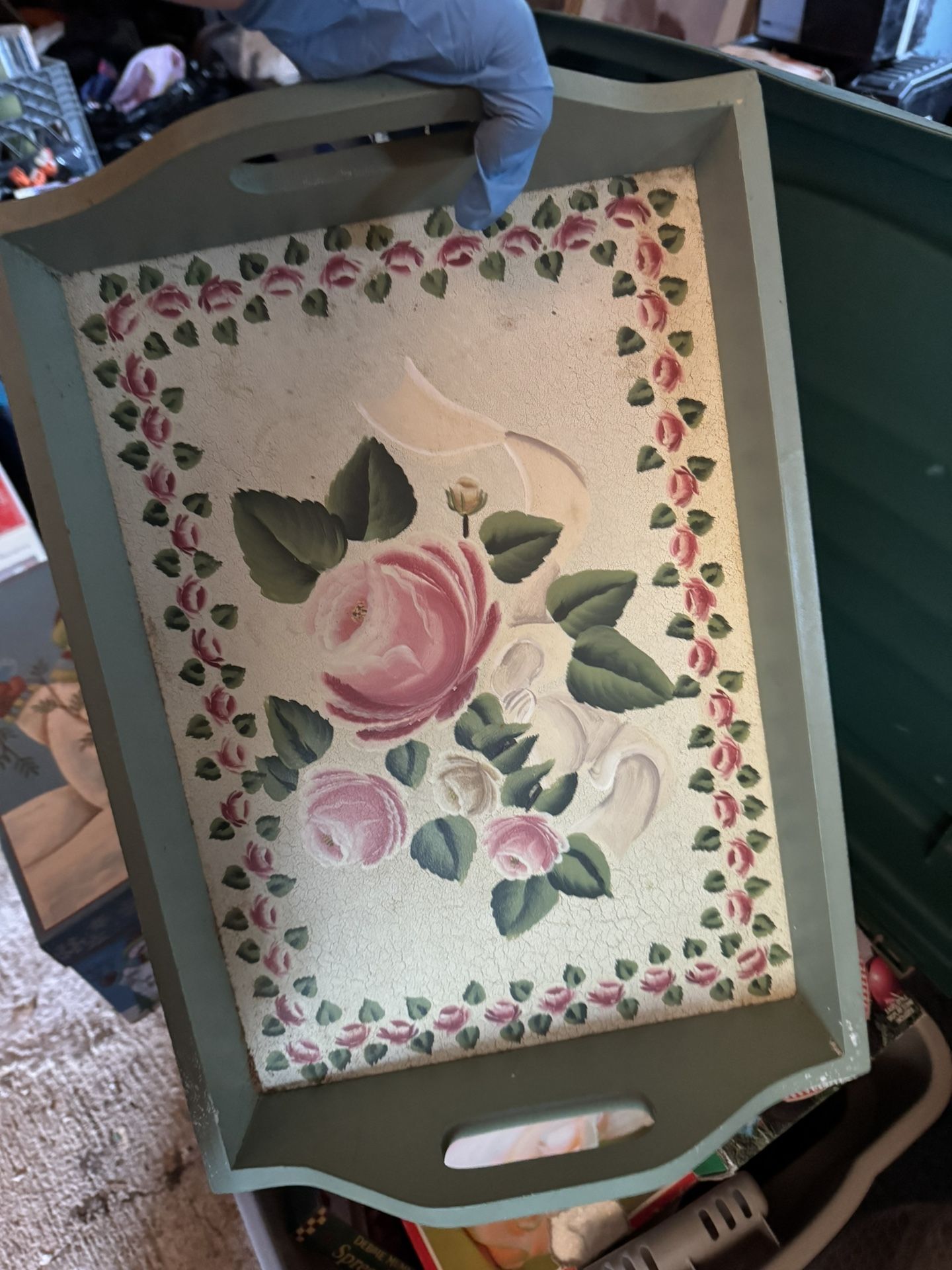 Vintage Teal rose Hand painted tray