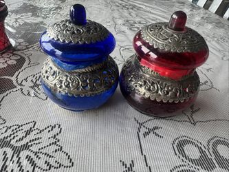 Glass Pill Boxes, Cobalt Blue & Ruby Red