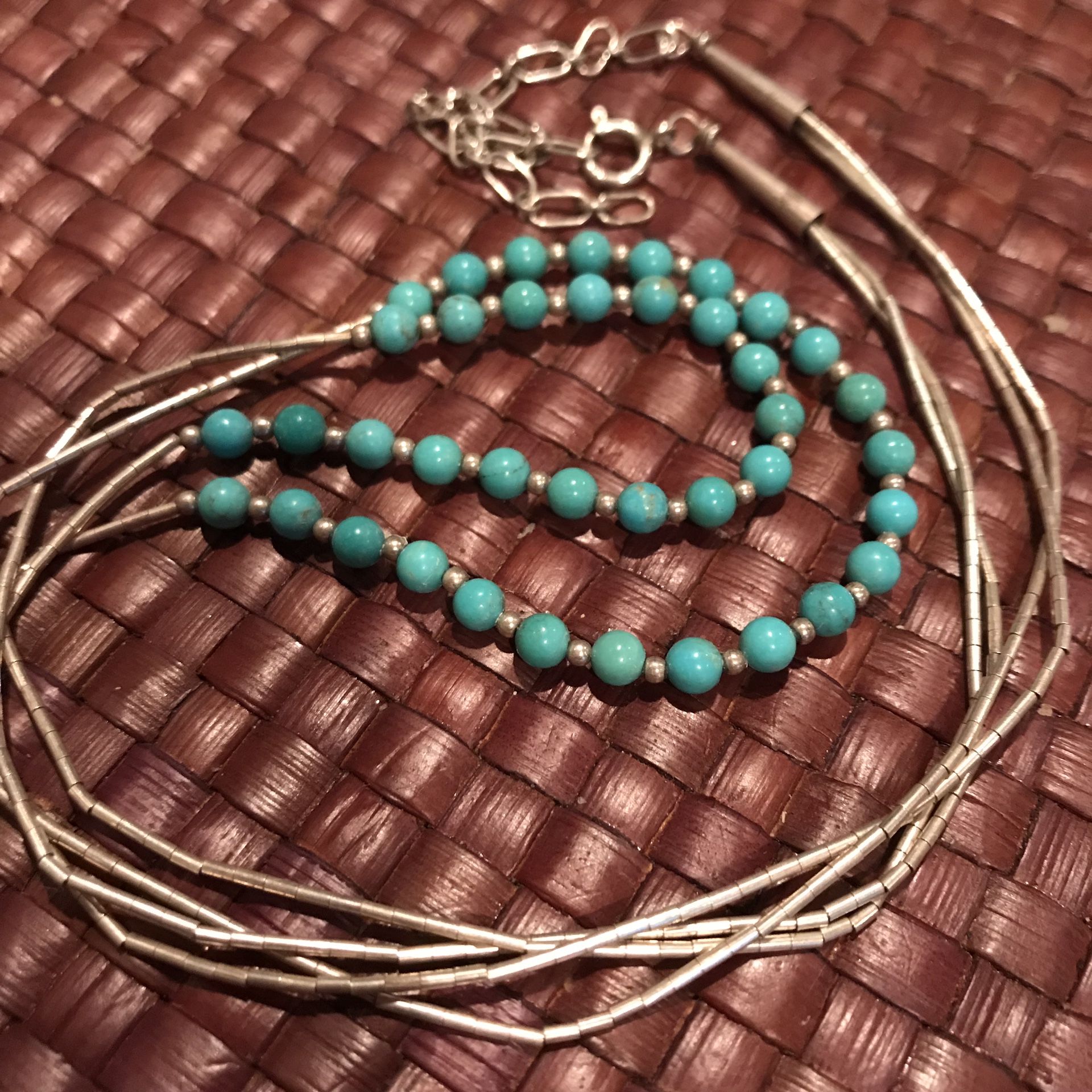 Navajo 2 liquid silver strand necklace with turquoise