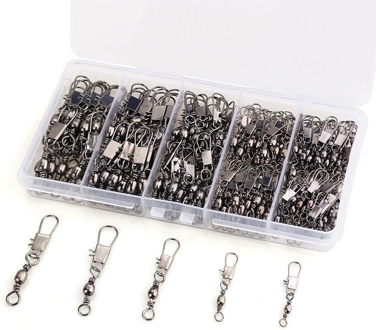 200PCS Barrel Snap Swivel Fishing Accessories, Premium Fishing Gear Equipment with Ball Bearing Swivels Snaps Connector for Quick Connect Fishing Lure
