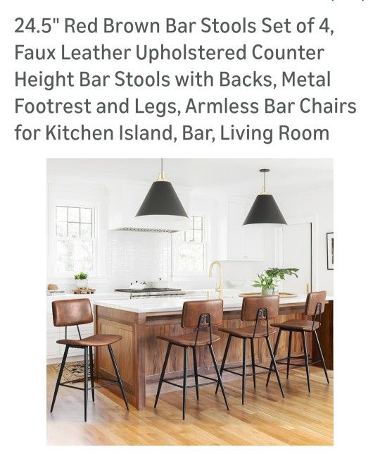 24.5" Red Brown Bar Stools Set Of 4 Faux Leather Upholstered Counter Height Bar Stools