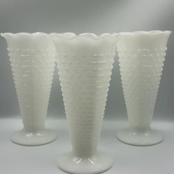 3 Vintage Anchor Hocking White Milk Glass Vases Hobnail Bars Trumpet 9 1/2"