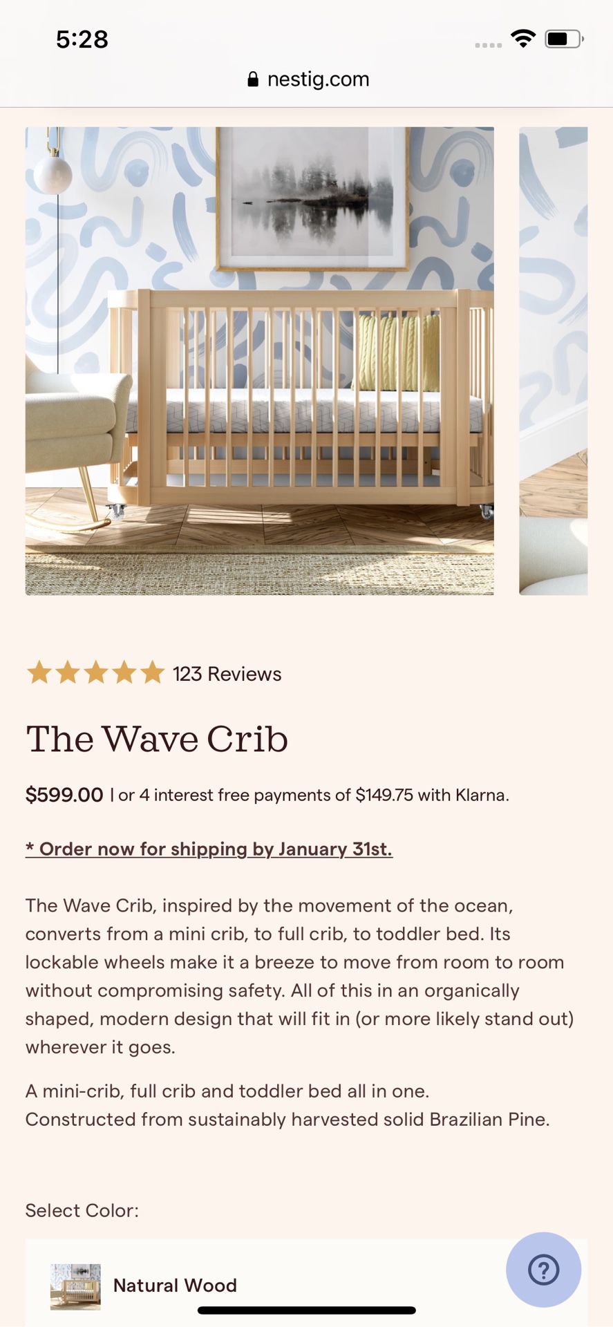 The Wave Crib Natural Wood Baby Crib / Baby Bed 