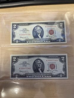 2 1963 Red Seal $2 Dollar United States Notes/Bills w/ Consecutive Serial No.'