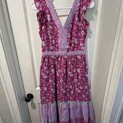 LOFT Size 0 maxi dress Flutter Sleeve Tiered Ruffle Border Pink Purple Floral