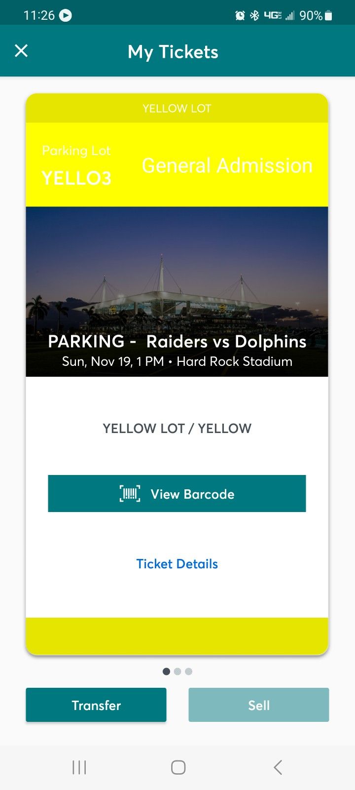 Yellow And Gray Parking Pass Dilphins Vs. Raiders