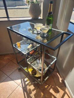 Wine Bar Cart with Glass Top and Shelves. Locking Rollers.