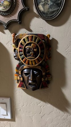 Hand-Carved Wooden Aztec Mask Wall Art