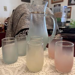 NOS West Virginia stained glass pitcher tumbler set 22 carat gold