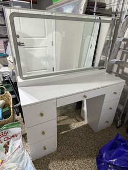 Modern White Vanity Desk with LED Mirror + Storage