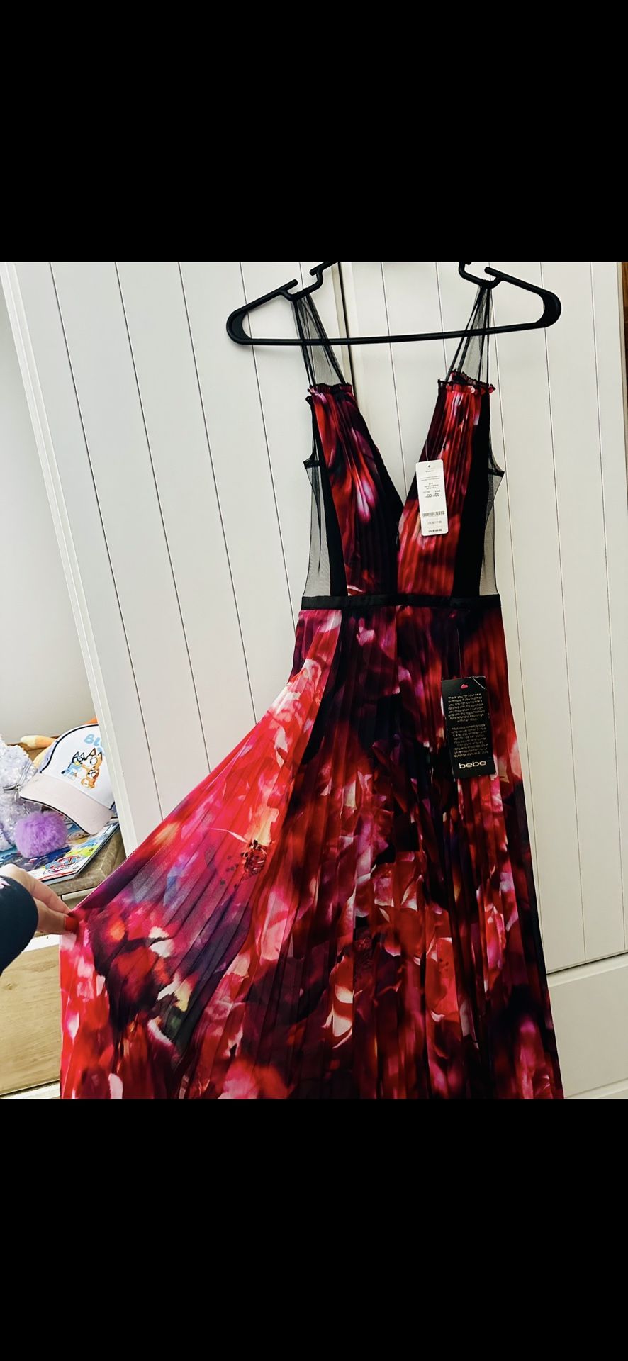 BEBE Pleated Vneck Maxi Dress