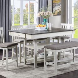 KITCHEN DINING TABLE SET 6 PIECE COUNTER HEIGHT CHALK WHITE GRAY DINING TABLE CHAIRS BENCH SET