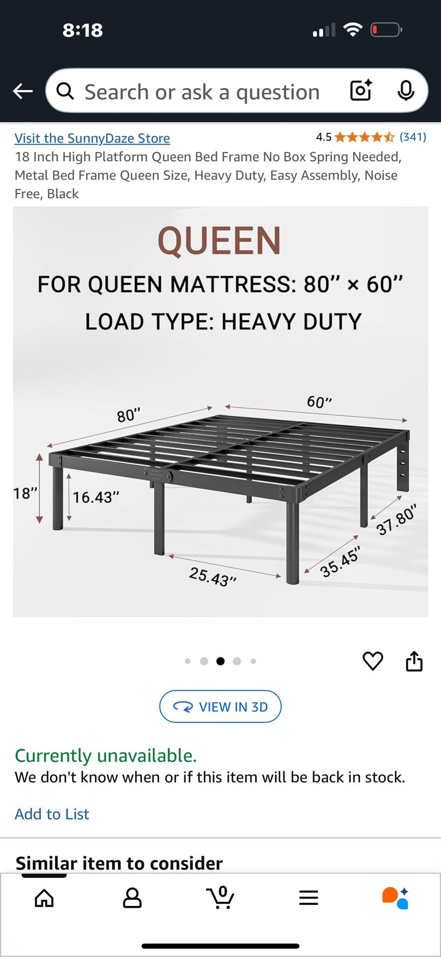 18” High Platform Metal Bed frame.