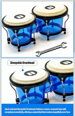 Professional 7” and 8" Bongo Drum Acrylic Shell with Genuine Sheepskin Head, Tuning Wrench Included, Rich Resonant Sound for Beginners & Professionals