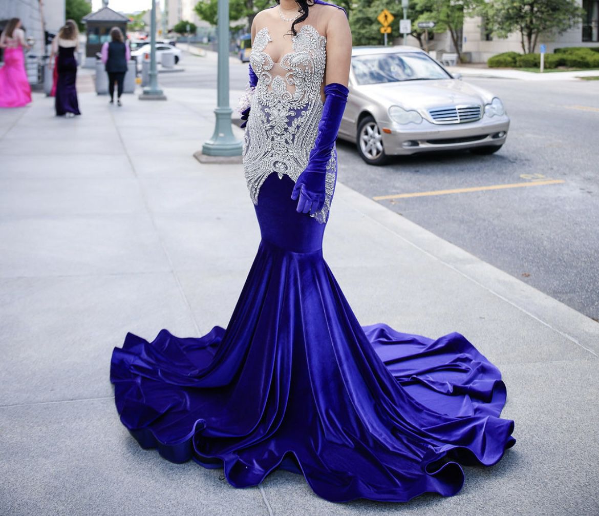 Mermaid Prom Dress with Rhinestone Appliqué Lavender Velvet 
