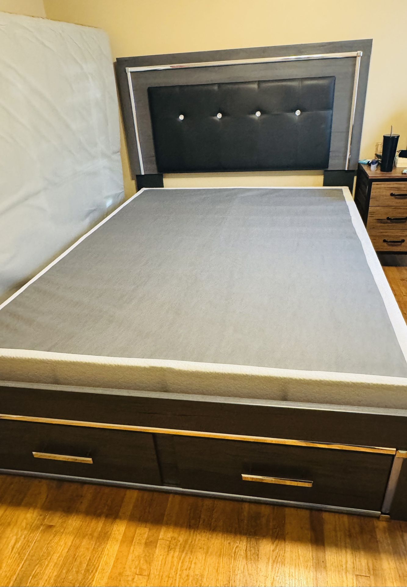 Gray Queen Panel Bed with Mirrored Dresser and Chest