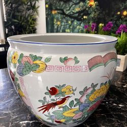 17.8 Lbs. Large, Beautiful, Porcelain, Jardiniere Koi Fish Bowl with Floral Design