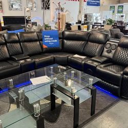 BRAND NEW BLACK LEATHER POWER RECLINING SECTIONAL WITH LED LIGHTS FULL POWER