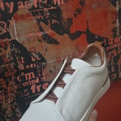 Men's Zegna Triple Stitch Deerskin Leather White Brown Slip On Sneakers Shoes Size 9