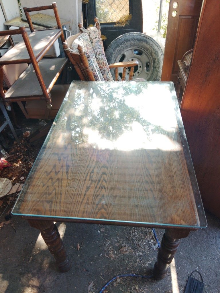 Antique Courthouse Table With Glass Top Also Have Three Chairs For It And Other Advertisement