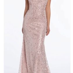 CAMILLE LA VIE - Sequin Scoop Lace Up Back Trumpet Dress with Pearl Accents