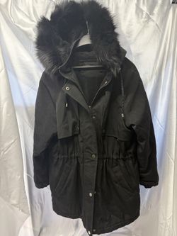 London Fog Women's Black Parka Fur-Trim Hood Size L Fleece Lined O0