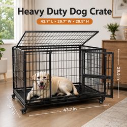 43 Inch Heavy Duty Dog Crate with Wheels, Folding Metal Dog Cage for Small/Medium and Large Dogs, Indestructible Dog Crate with Removable Tray (Black)