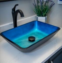 Rectangular Turquoise Blue Foil Glass Vessel Sink with Black Exterior (by Eden Bath)- NEW