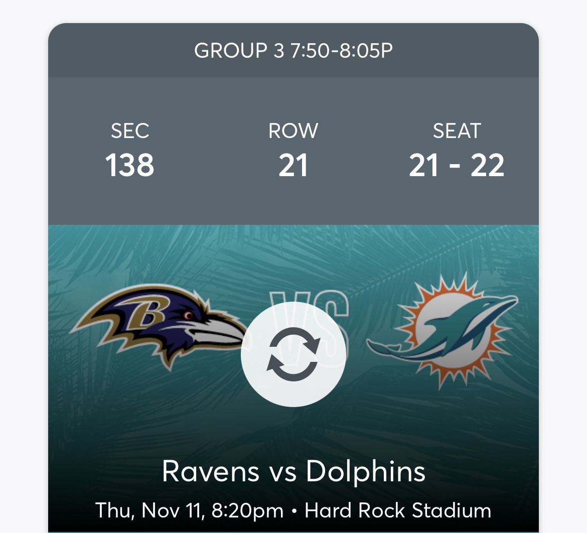 Dolphins vs Ravens Sec 138 Row 21 - 2 Tickets 