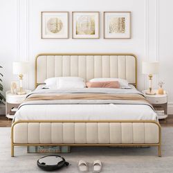 Queen Size Bed Frame with Button Tufted Headboard, Upholstered Heavy Duty Metal Mattress Foundation with Wooden Slats, Easy Assembly, No Box Spring Ne