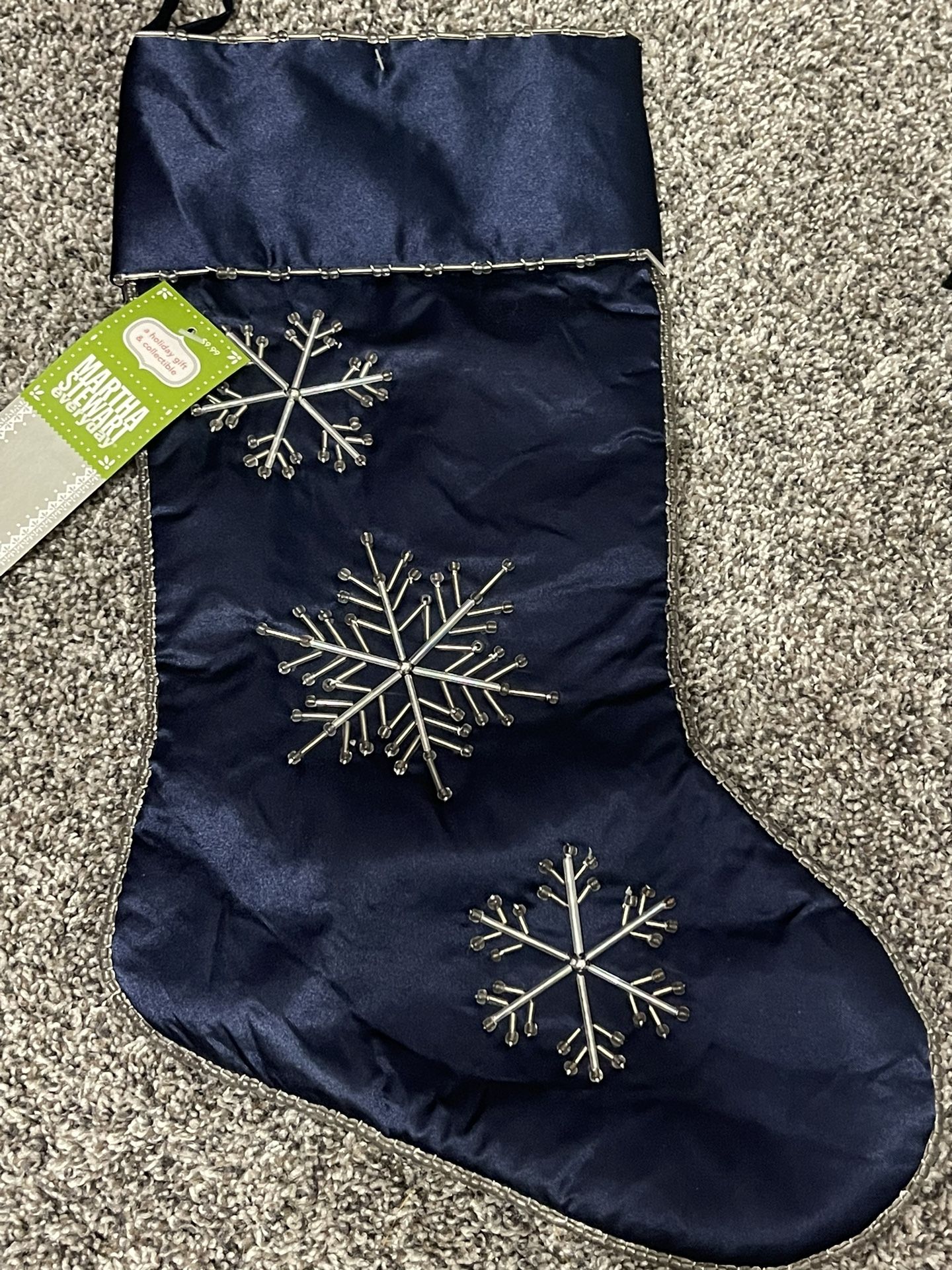 Martha Stewart Christmas Stocking with Beaded Snowflakes and Beaded Edges- Satin-Navy Blue-NEW