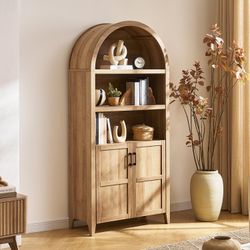 mopio Lauren 77.4" Tall Arched Cabinet, 5-Tier Arched Bookcase with Doors and Adjustable Shelves, Arch Bookshelf with Storage, Wooden Storage Cabinet 