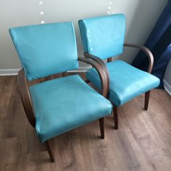 Vintage Retro MCM-Style Wood Teal Armchairs – Pair – $50 Delivered