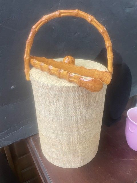 Vintage Mid Century Modern Bamboo Rattan Ice Bucket Barware With Tongs